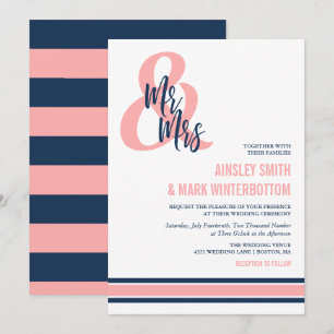 Invitation Preppy Coral & Navy Mr & Mrs Mariage