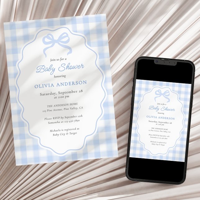 Invitation Preppy Doodle Frame Blue Gingham & Bow Baby Shower (Créateur téléchargé)
