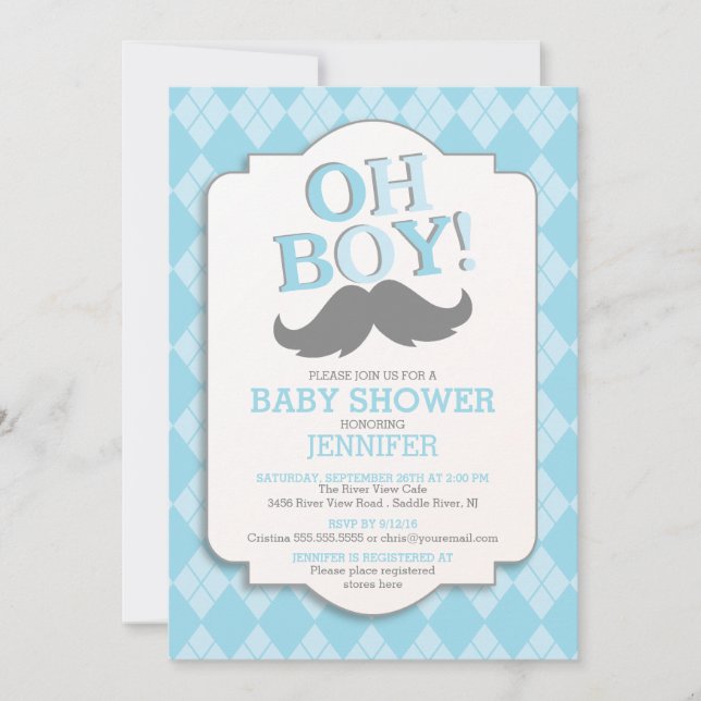 Invitation Preppy Fun OH GARY Baby shower Moustache (Devant)