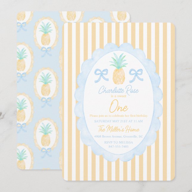 Invitation Preppy Girls Été Ananas Premier anniversaire (Devant / Derrière)