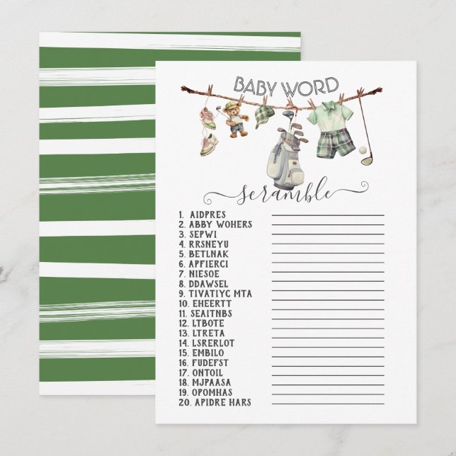 Invitation Preppy Golf Clothesline Baby Word Scrambule (Devant / Derrière)