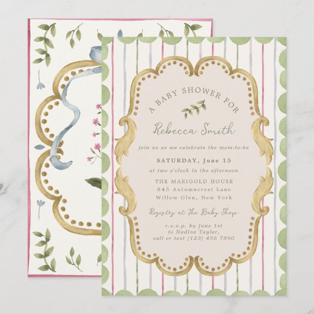 Invitation Preppy Grandmillennial Botanical Frame Baby Shower (Devant / Derrière)