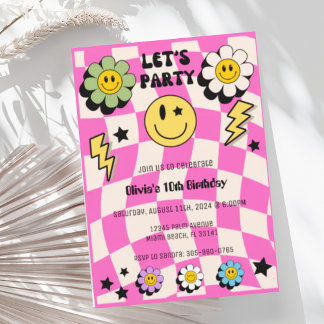 Invitation Preppy Hot Rose Retro Joyeux Visage fête Anniversa