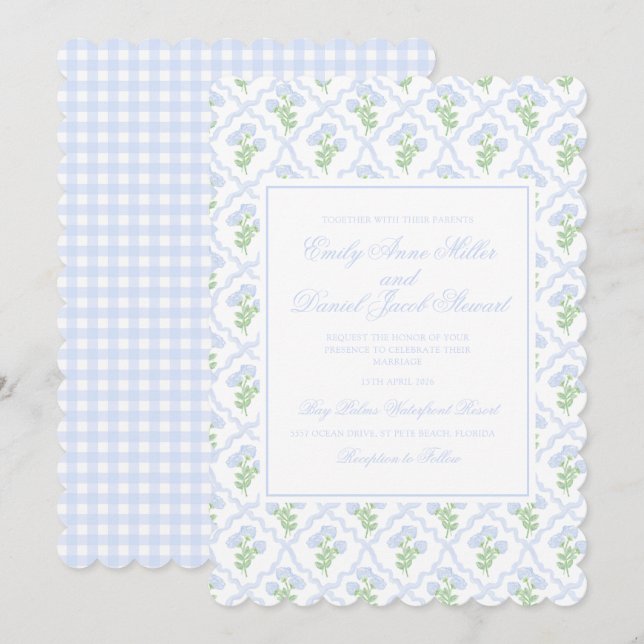 Invitation Preppy Hydrangea Watercolor Trellis Mariage (Devant / Derrière)