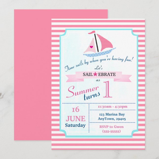 Invitation Preppy Nautical rose vole Away Anniversaire pour f (Devant / Derrière)