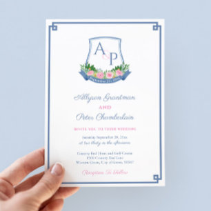 Invitation Preppy Navy et Pink Monogram Crest Mariage