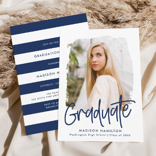 Invitation Preppy Navy Script Photo Graduation Party