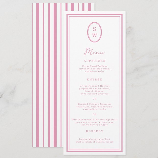 Invitation Preppy Peony Pink Chic Monogram Wedding Menu Card (Devant / Derrière)