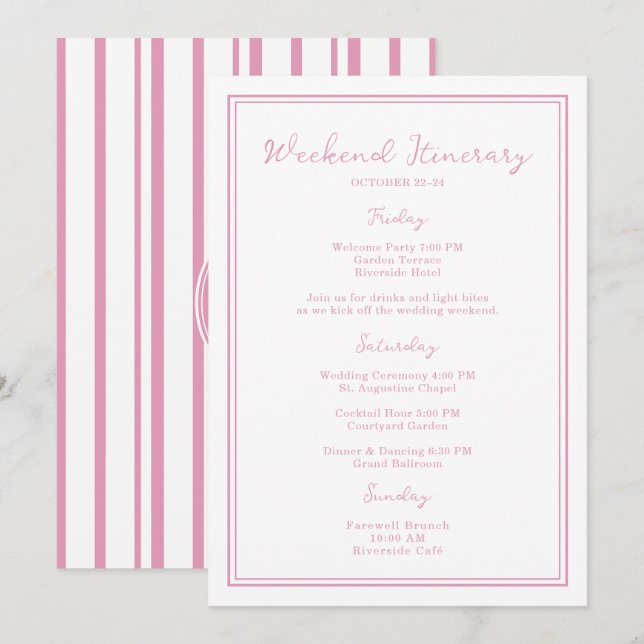 Invitation Preppy Pink Chic Wedding Weekend Itinerary Card (Devant / Derrière)