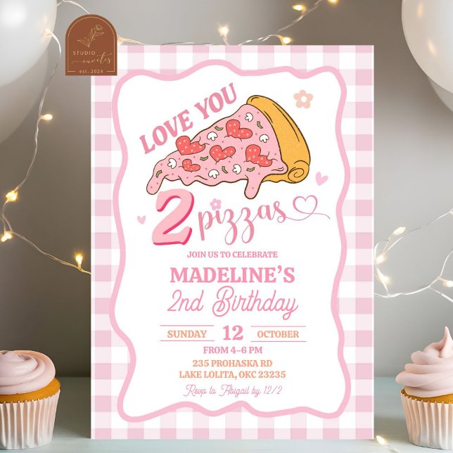 Invitation Preppy Pink Love You Two Pizza Party Anniversaire (Créateur téléchargé)