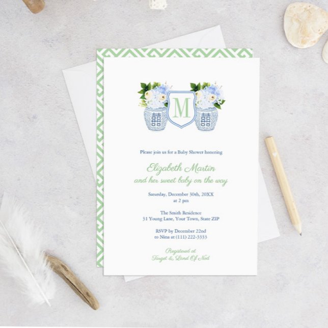 Invitation Preppy Pistachio Navy Baby shower de monogramme fl (Monogram Green And White Gender Neutral Baby Shower Invitation )