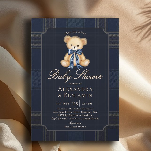 Invitation Preppy Plaid Teddy Bow Blue Coed Boy Baby Shower (preppy baby shower invitation teddy bear blue plaid bow elegant country club modern classic coed)