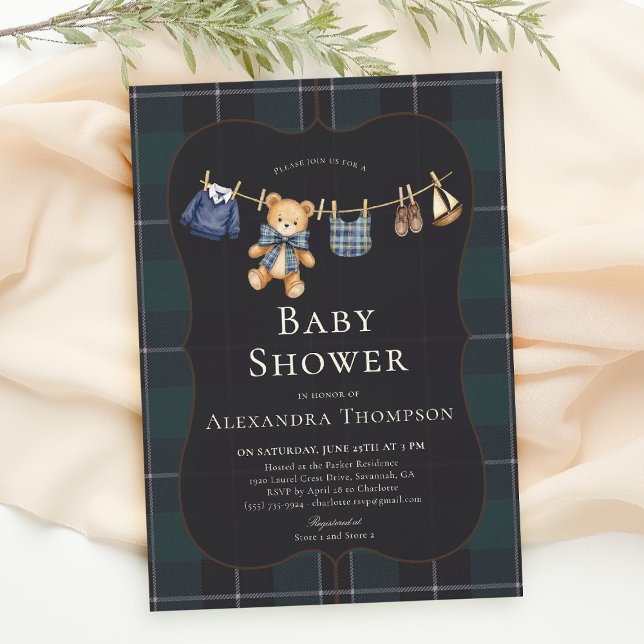 Invitation Preppy Plaid Teddy Bow Clothesline Boy Baby Shower (preppy baby shower invitation teddy bear blue plaid bow elegant country club clothesline)