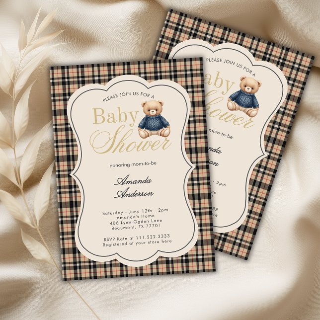 Invitation Preppy Polo Teddy Bear Luxury Beige Baby Shower (Créateur téléchargé)
