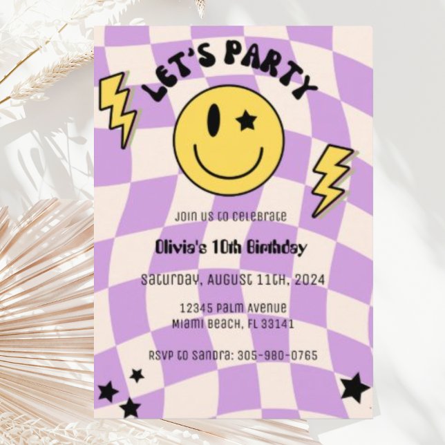 Invitation Preppy Purple Y2K Retro Smile Anniversaire Invitat (Créateur téléchargé)