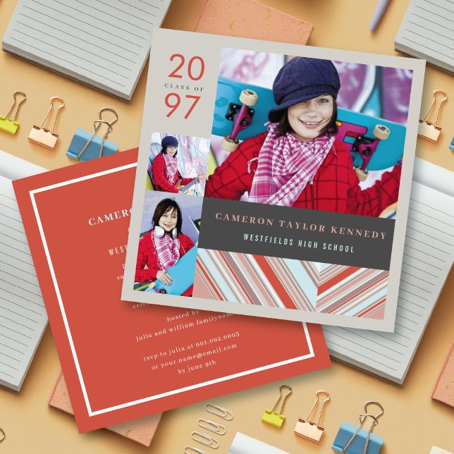 Invitation Preppy Red Pin Stripes Photo Graduation Party (Créateur téléchargé)