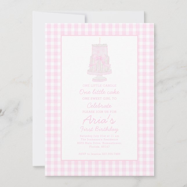 Invitation Preppy rose Anniversaire gâteau Premier anniversai (Devant)
