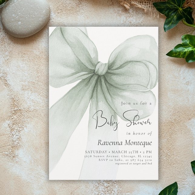 Invitation Preppy Soft Green Bow Coquette Clean Baby Shower (Créateur téléchargé)