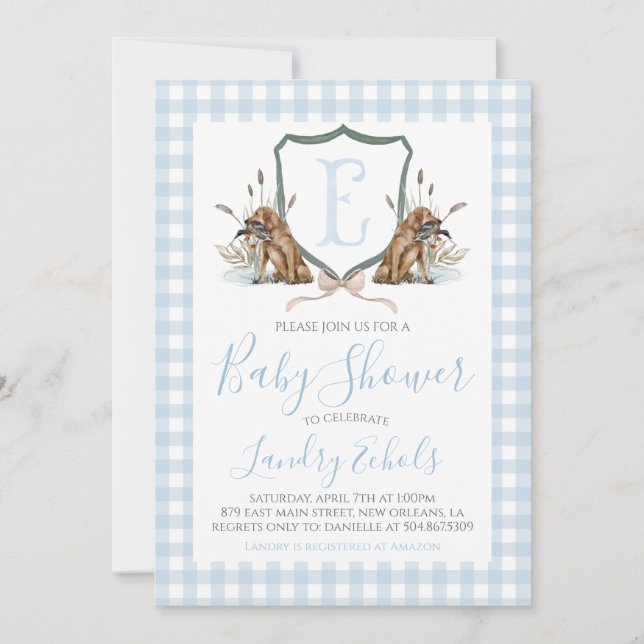 Invitation Preppy Southern Blue Boy Duck Chien Baby shower (Devant)