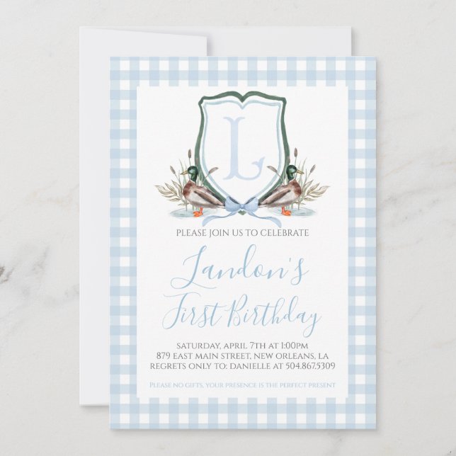 Invitation Preppy Southern Blue Boy Duck premier anniversaire (Devant)