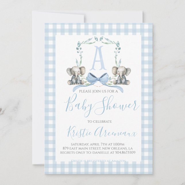 Invitation Preppy Southern Blue Boy Elephant Baby shower (Créateur téléchargé)