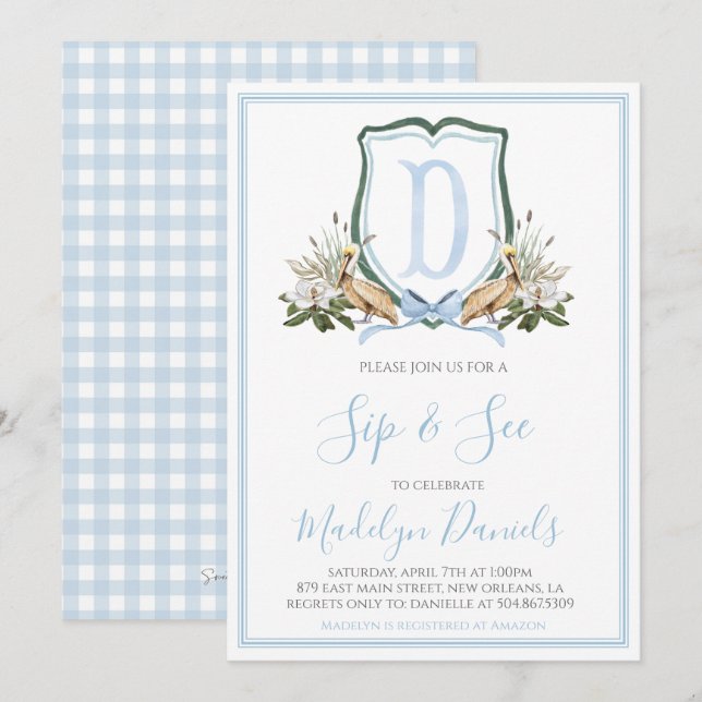 Invitation Preppy Southern Blue Boy Pelican Sip & See (Devant / Derrière)