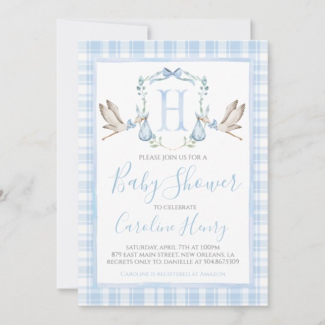 Invitation Préppy Southern Blue Boy Stork Baby shower (Créateur téléchargé)