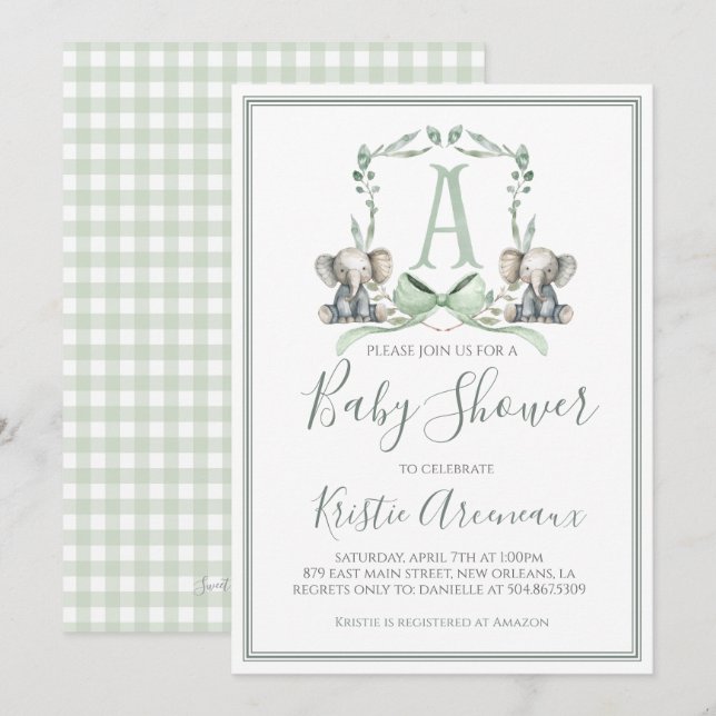 Invitation Preppy Southern Sage Boy Elephant Baby shower (Devant / Derrière)