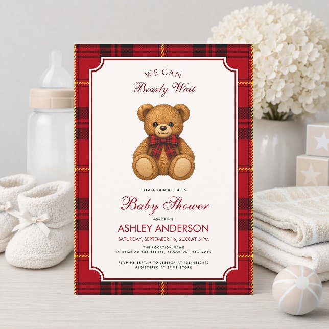 Invitation Preppy Teddy Bear Girl Baby Shower Red Black Plaid (Créateur téléchargé)