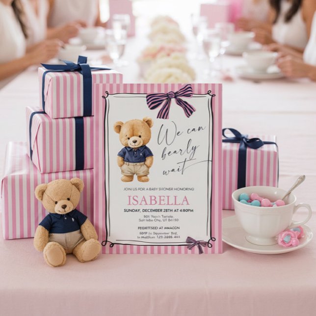 Invitation Preppy Teddy Bear Pink Baby Shower  (Créateur téléchargé)