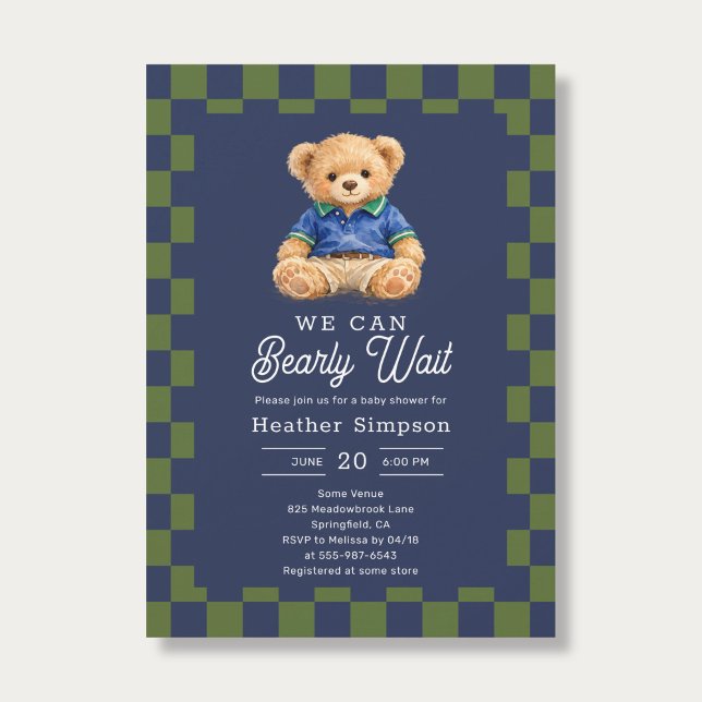 Invitation Preppy Teddy Bearly Wait Checkboard Baby Shower (Créateur téléchargé)