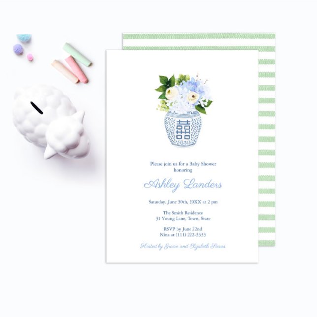 Invitation Préppy vert pâle blanc Baby shower neutre de genre (Créateur téléchargé)