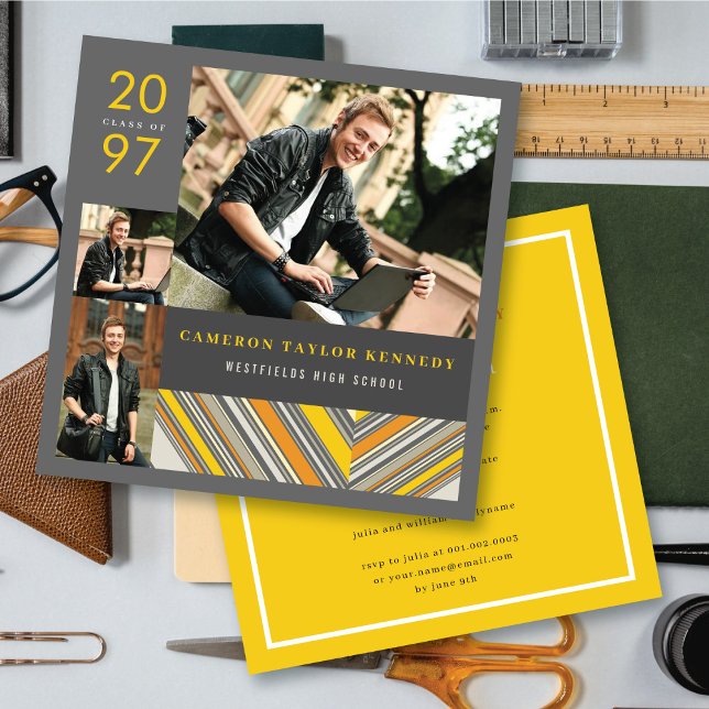 Invitation Preppy Yellow Pin Stripes Photo Graduation Party (Créateur téléchargé)
