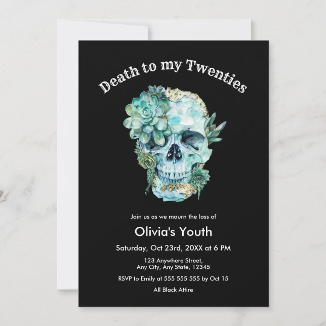 Invitation Presse crâne 20s 30e anniversaire Mort à mes vingt (Devant)