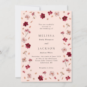 Invitation Pressé rose rouge et crème, Mariage floral
