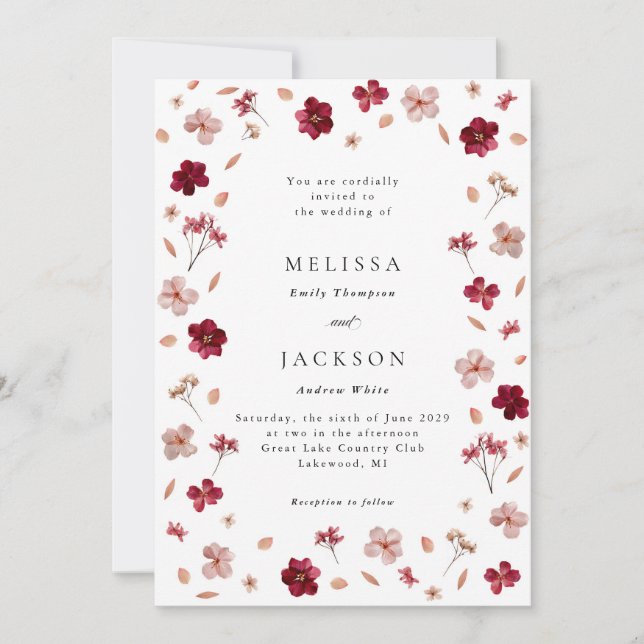 Invitation Pressé rose rouge et crème, Mariage floral Invitat (Devant)