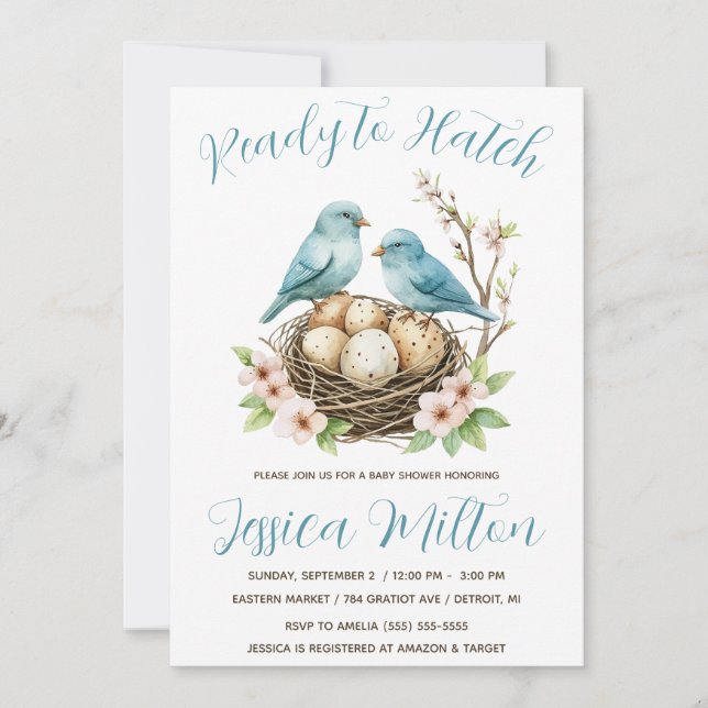 Invitation Prêt à éclore, Nid d'oiseaux, Fête de bébé Œufs (Devant)