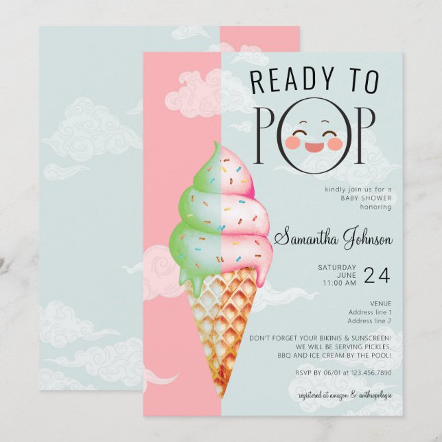 Invitation Prêt à faire pop Mint et Baby shower de crème glac (Devant / Derrière)