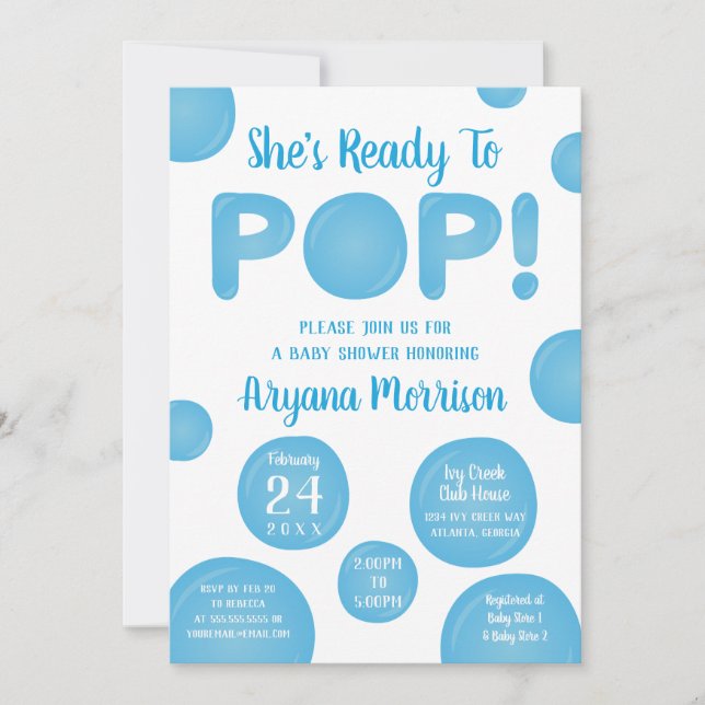 Invitation Prêt À Pop Baby shower, Bleu (Devant)