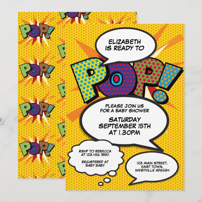 Invitation Prêt à pop Baby shower moderne Comic Fun (Devant / Derrière)