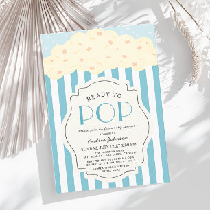 Invitation Prêt à pop Popcorn Bleu Stripe Baby shower garçon