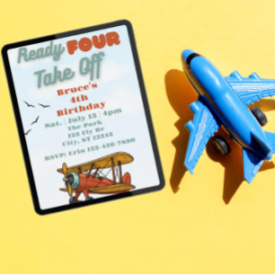 Invitation Prêt POUR Décoller, avion 4e Anniversaire