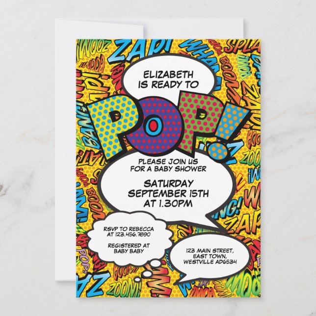 Invitation Prêt pour la pop Baby shower Comic Book Fun (Devant)