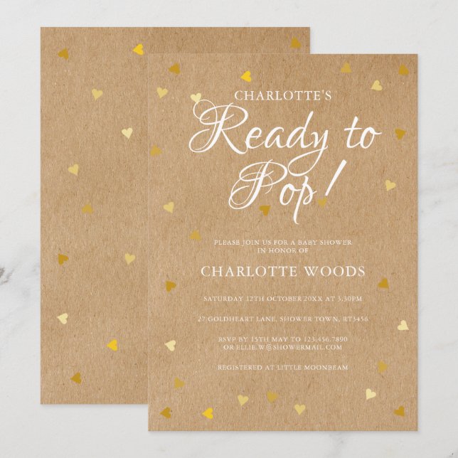 Invitation Prêt pour la pop Baby shower / Sprinkle Gold Heart (Devant / Derrière)