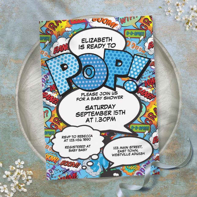 Invitation Prêt pour Pop Baby shower Comic Book Modern Blue (Ready to Pop Baby Shower Comic Book Modern Blue Invitation)