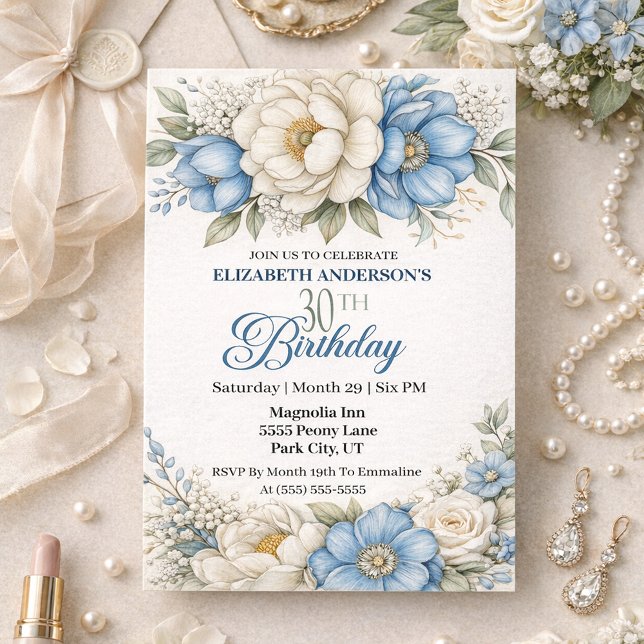 Invitation Pretty Blue Magnolia and Peony 30th Birthday (Créateur téléchargé)