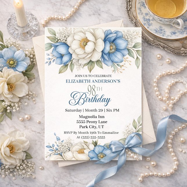 Invitation Pretty Blue Magnolia and Peony 98th Birthday (Créateur téléchargé)