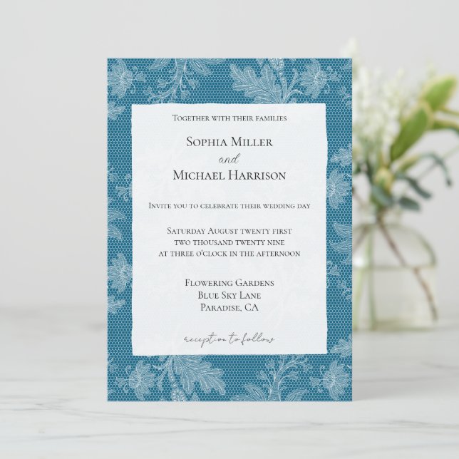Invitation Pretty Blue White Floral Faux Lace Wedding (Debout devant)