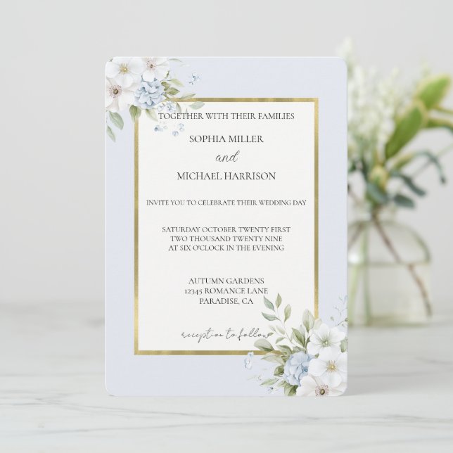 Invitation Pretty Blue White Floral Wedding (Debout devant)