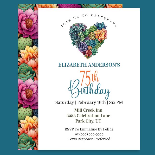 Invitation Pretty Cactus Heart 75th Birthday (Créateur téléchargé)